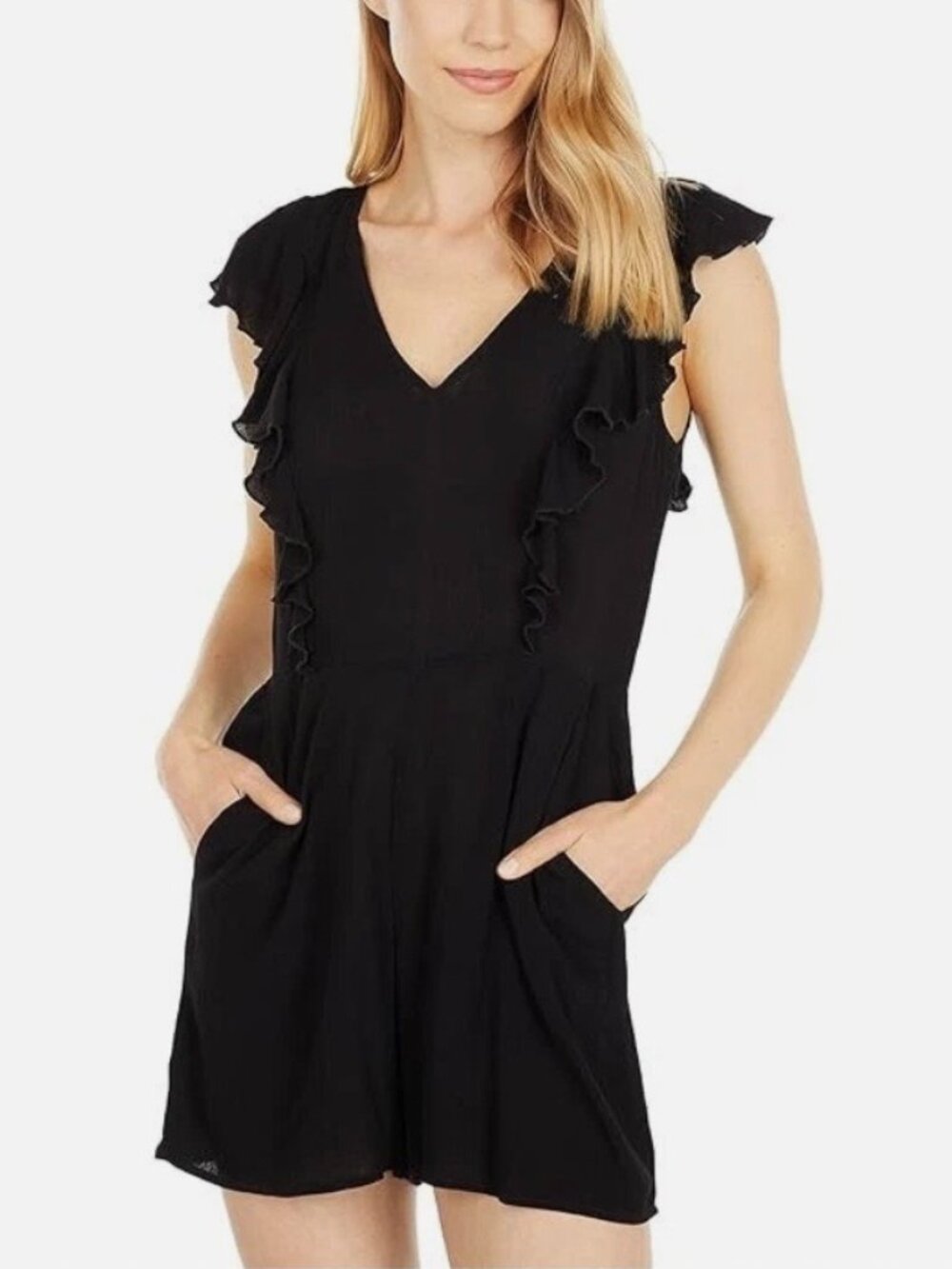 NWT BCBGeneration Black Sleeveless Ruffle Open Back Romper Size 6